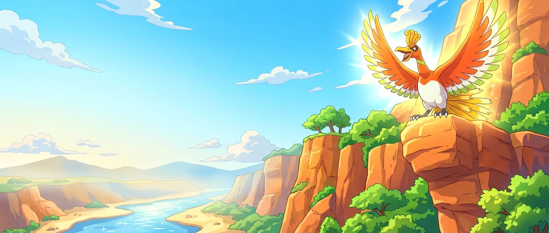 Ilustração: Ho-Oh de asas abertas sobre penhascos alaranjados