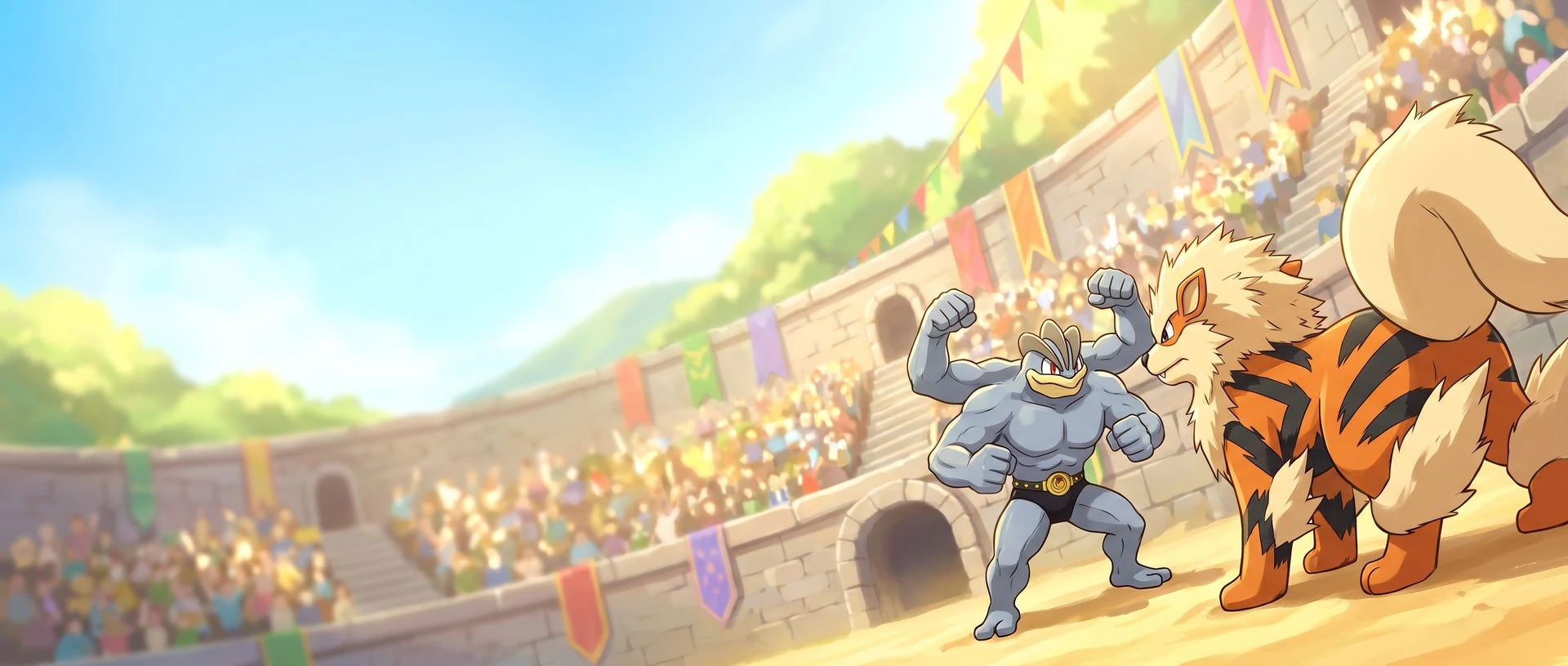 Ilustração: Machamp encarando Arcanine numa arena de terra batida