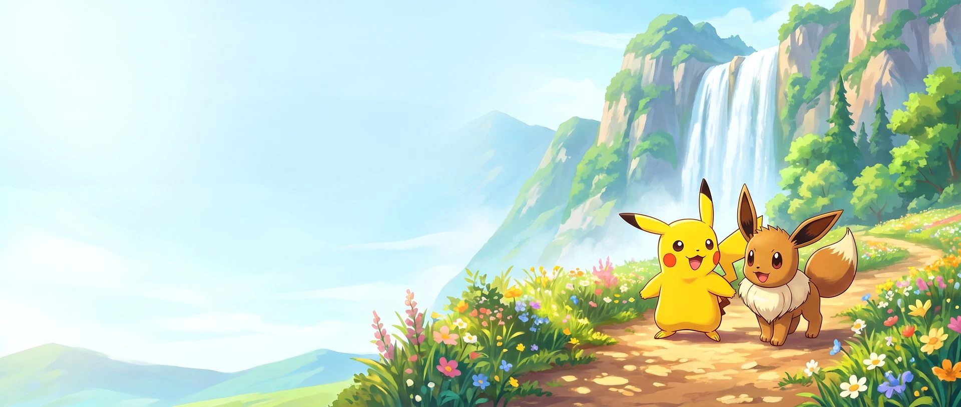 Ilustração: Pikachu e Eevee numa trilha florida, com cachoeira e montanhas ao fundo