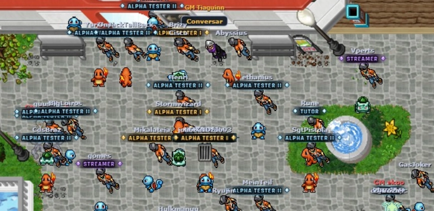 Captura de tela real: três treinadores com seus pássaros lendários shiny numa cidade