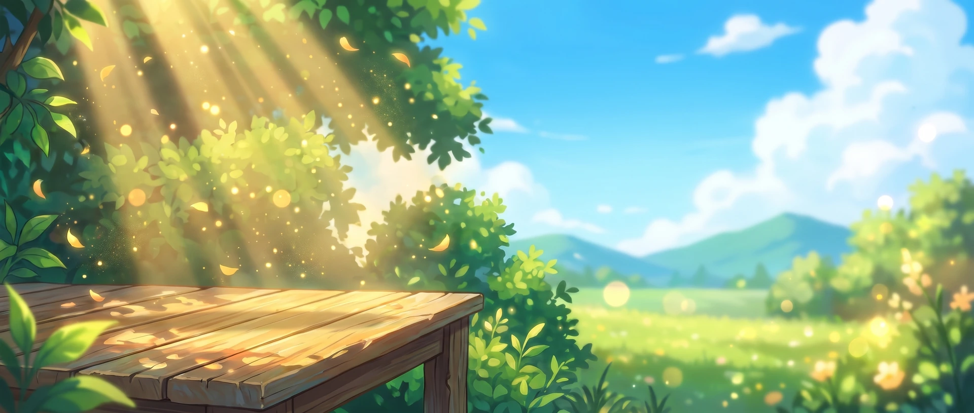 Ilustração: jardim ensolarado com uma mesa de madeira